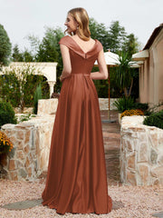 Satin Cap Sleeve Bridesmaid Dress With Pocket Rust