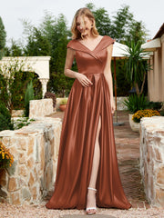 Satin Cap Sleeve Bridesmaid Dress With Pocket Rust