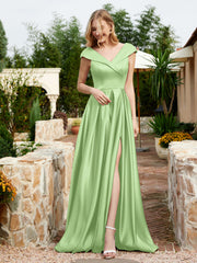 Satin Cap Sleeve Bridesmaid Dress With Pocket Sage