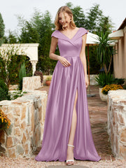Satin Cap Sleeve Bridesmaid Dress With Pocket Wisteria