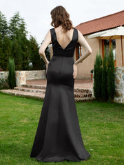 Satin Plunging V-Neck Mermaid Dress With Slit Black