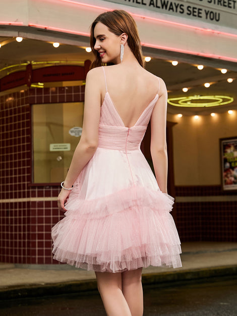 A-line Tulle Tiered Stitching Glitter Short Dress Watermelon