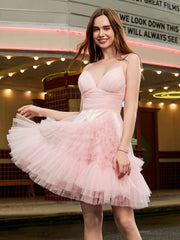 A-line Tulle Tiered Stitching Glitter Short Dress Blushing Pink