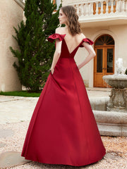 Off the Shoulder Satin Bridesmaid Gown With Pocket Burgundy
