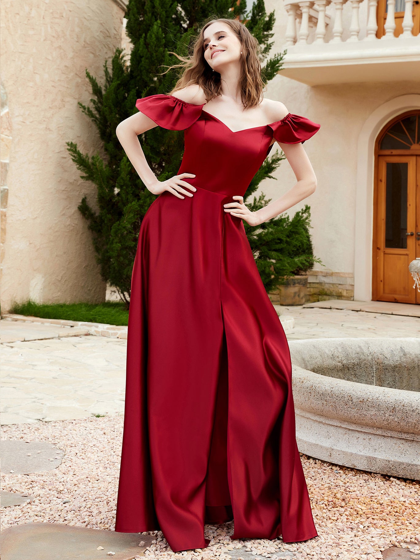 off the shoulder bridesmaid dress BABARONI Satin Burgundy Dresses Off-the-shoulder Floor-length Flutter Sleeves with Pocket A-line, Burgundy / US18 Size:Handmade Size product_flag_Seasonal Buy SHINE N SHOW Elbow Sleeve 6