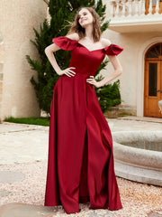 Off the Shoulder Satin Bridesmaid Gown With Pocket Burgundy Plus Size