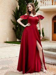 Off the Shoulder Satin Bridesmaid Gown With Pocket Burgundy