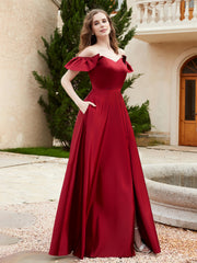 Off the Shoulder Satin Bridesmaid Gown With Pocket Burgundy