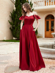 Off the Shoulder Satin Bridesmaid Gown With Pocket Burgundy