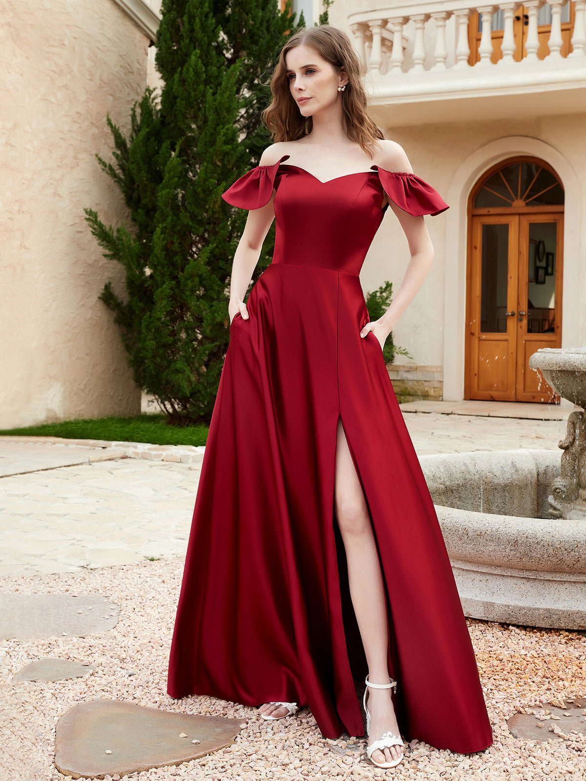off the shoulder bridesmaid dress BABARONI Satin Burgundy Dresses Off-the-shoulder Floor-length Flutter Sleeves with Pocket A-line, Burgundy / US18 WIDE LEG Top Picks Black Formal Featuring a modified circle size:One Size