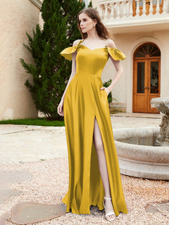 Off the Shoulder Satin Bridesmaid Gown With Pocket Marigold