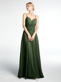 Criss Cross Open Back Chiffon Gown with Spaghetti Strap Olive Green