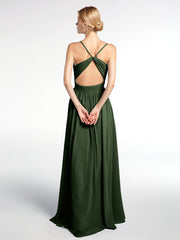 Criss Cross Open Back Chiffon Gown with Spaghetti Strap Olive Green