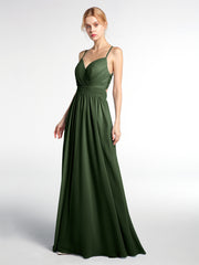 Criss Cross Open Back Chiffon Gown with Spaghetti Strap Olive Green