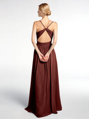 Criss Cross Open Back Chiffon Gown with Spaghetti Strap Terracotta