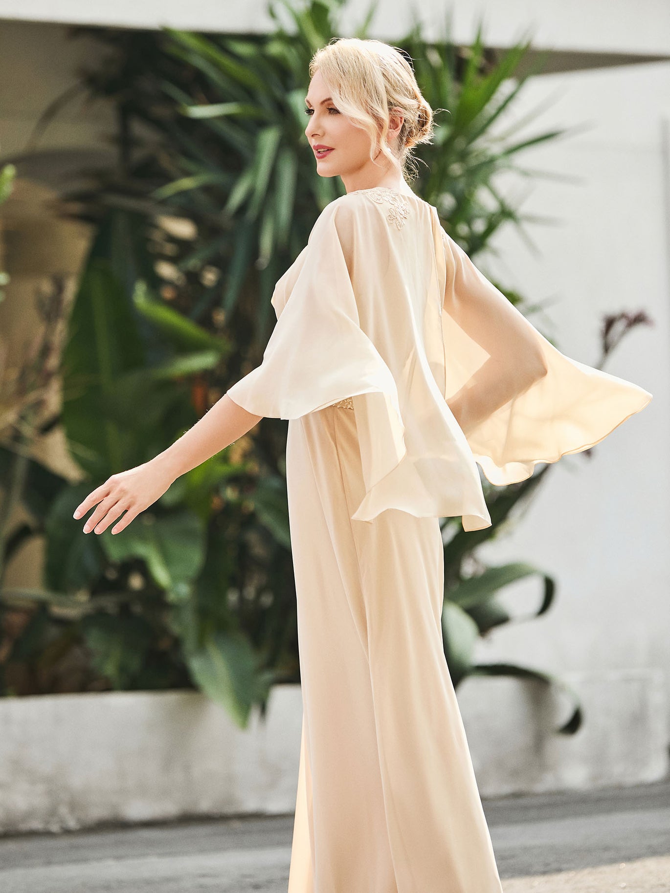 Flutter Sleeves Pleated V-neck Chiffon A-line Dress Sage main image 0