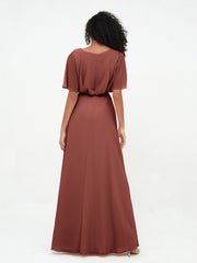 Chiffon Full Length Bridesmaid Dresses with Wrap Terracotta Plus Size