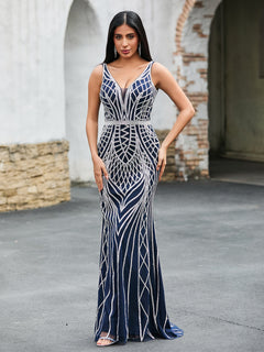 V-Neck Diamond Maxi Dress Dark Navy