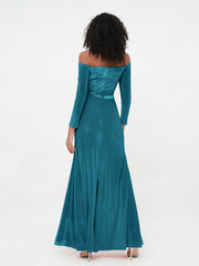 Off the Shoulder Long Sleeves Velvet Dresses Ink Blue Plus Size