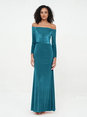 Off the Shoulder Long Sleeves Velvet Dresses Ink Blue Plus Size