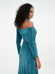Off the Shoulder Long Sleeves Velvet Dresses Ink Blue