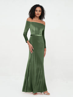 Off the Shoulder Long Sleeves Velvet Dresses Olive Green