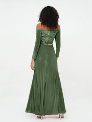 Off the Shoulder Long Sleeves Velvet Dresses Olive Green