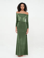 Off the Shoulder Long Sleeves Velvet Dresses Olive Green Plus Size