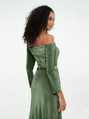 Off the Shoulder Long Sleeves Velvet Dresses Olive Green