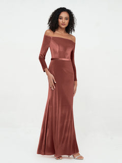 Off the Shoulder Long Sleeves Velvet Dresses Terracotta