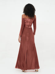 Off the Shoulder Long Sleeves Velvet Dresses Terracotta