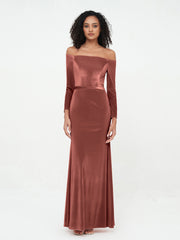 Off the Shoulder Long Sleeves Velvet Dresses Terracotta