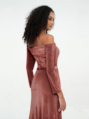 Off the Shoulder Long Sleeves Velvet Dresses Terracotta
