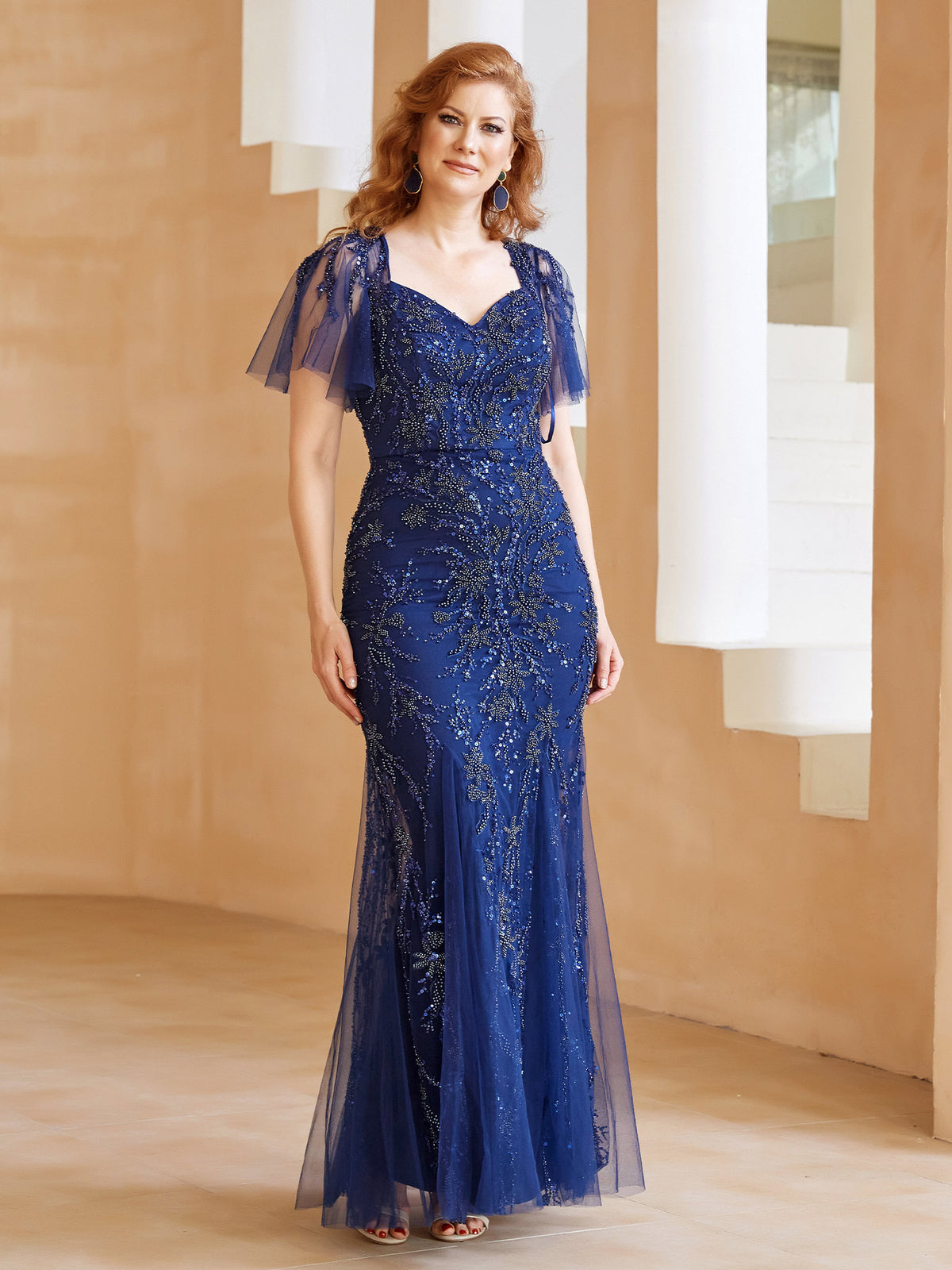 blue formal dress with sleeves BABARONI Navy Mother of the Groom Sheath Sweetheart Neckline, Flutter Sleeves, Beaded Detail and Back Slit Princess Polly Blue Floral Feel like royalty bootsheels Size:3t