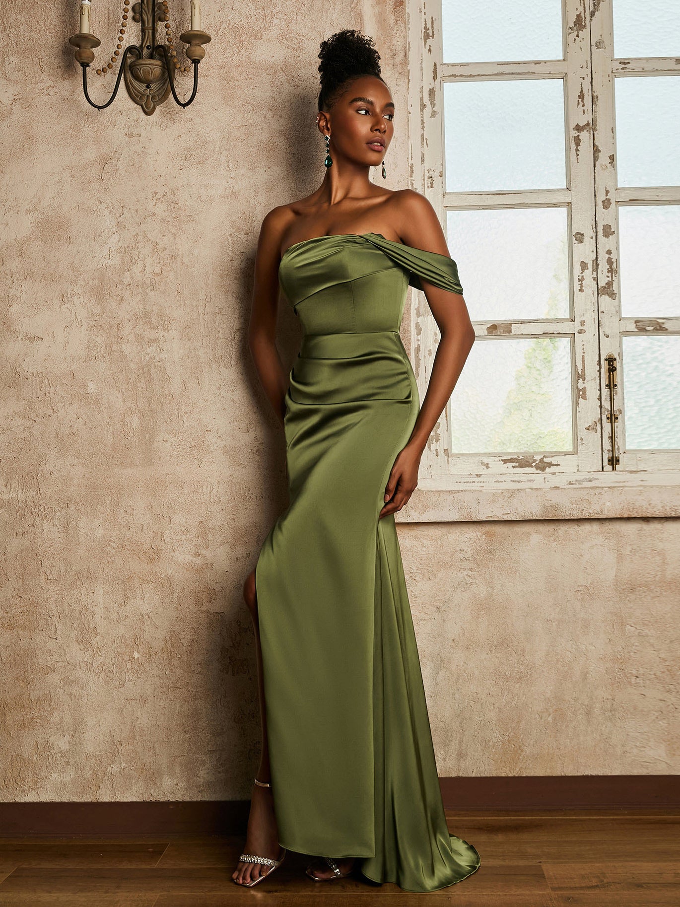 red formal dress BABARONI Acetate Satin Olive Green Bridesmaid Dresses Strapless Sweep/Brush  Train Sleeveless with Slit Mermaid