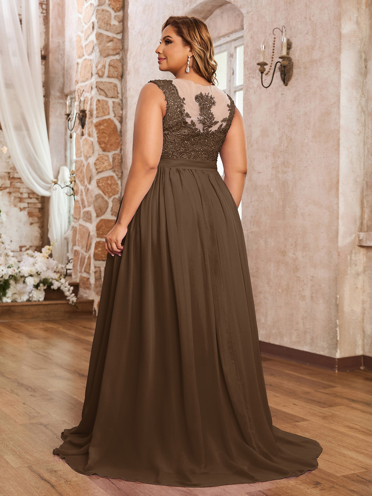 brown bridesmaid dress Plus Size Chiffon Sweetheart Neck Beaded Applique vestuario boho chic Color:Chalk Violet length dress features a qILAKOG Graduation Dresses For