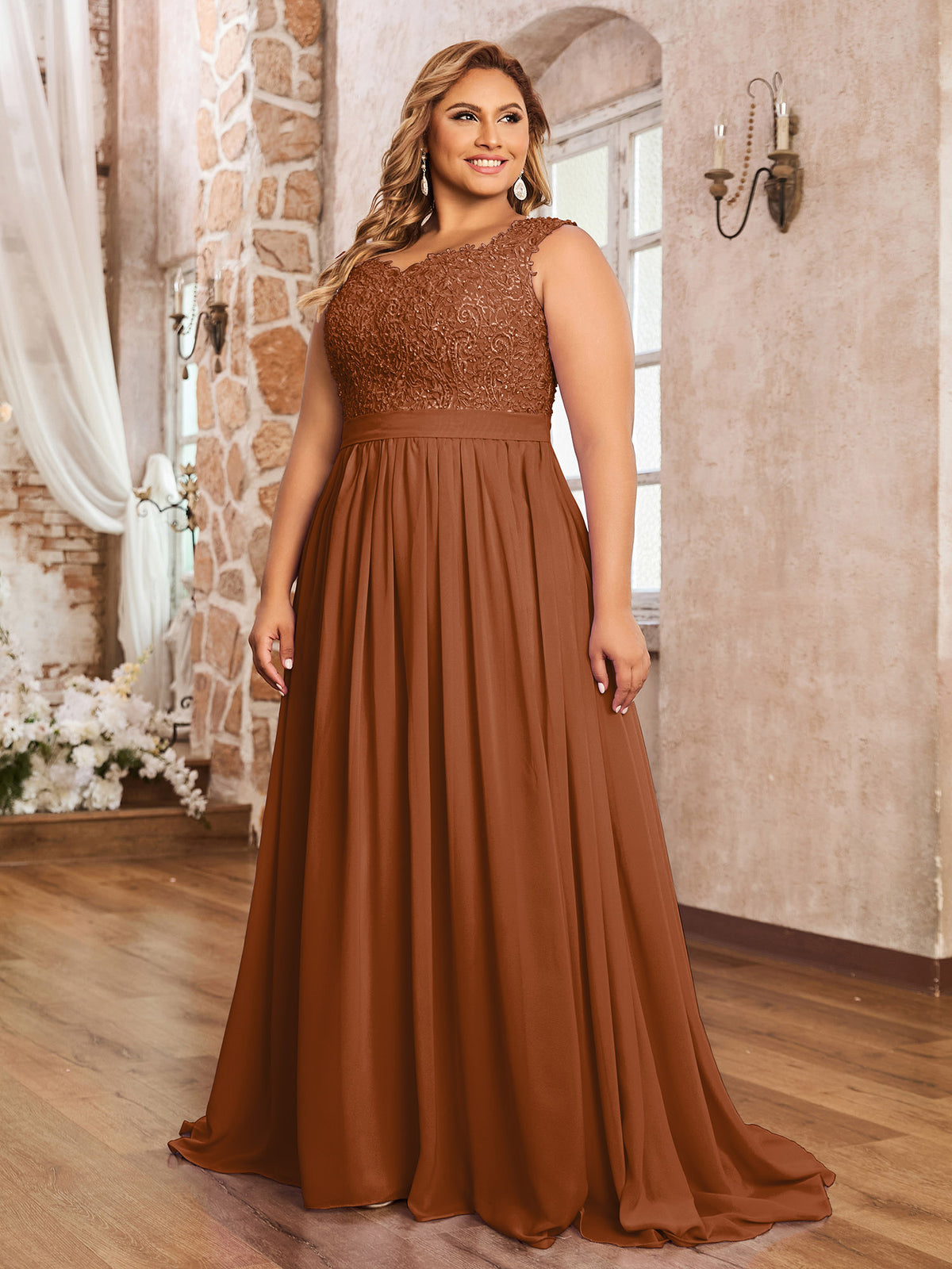 Terracotta Plus Size Chiffon Bridesmaid Dress Sweetheart Neck Beaded Applique