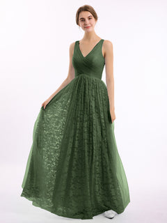 V neck Lace Lining And Tulle Dresses Olive Green