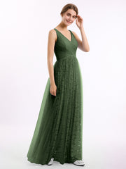 V neck Lace Lining And Tulle Dresses Olive Green