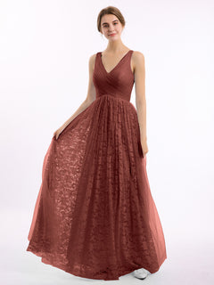 V neck Lace Lining And Tulle Dresses Terracotta