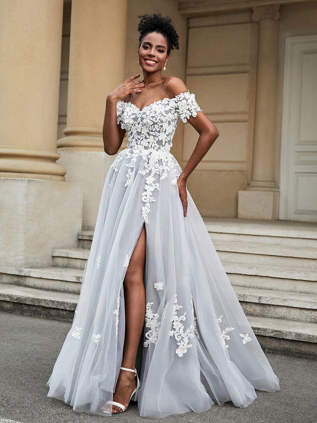 Elegant A-Line Off-the-shoulder Dress With Slit Ivory main image 1