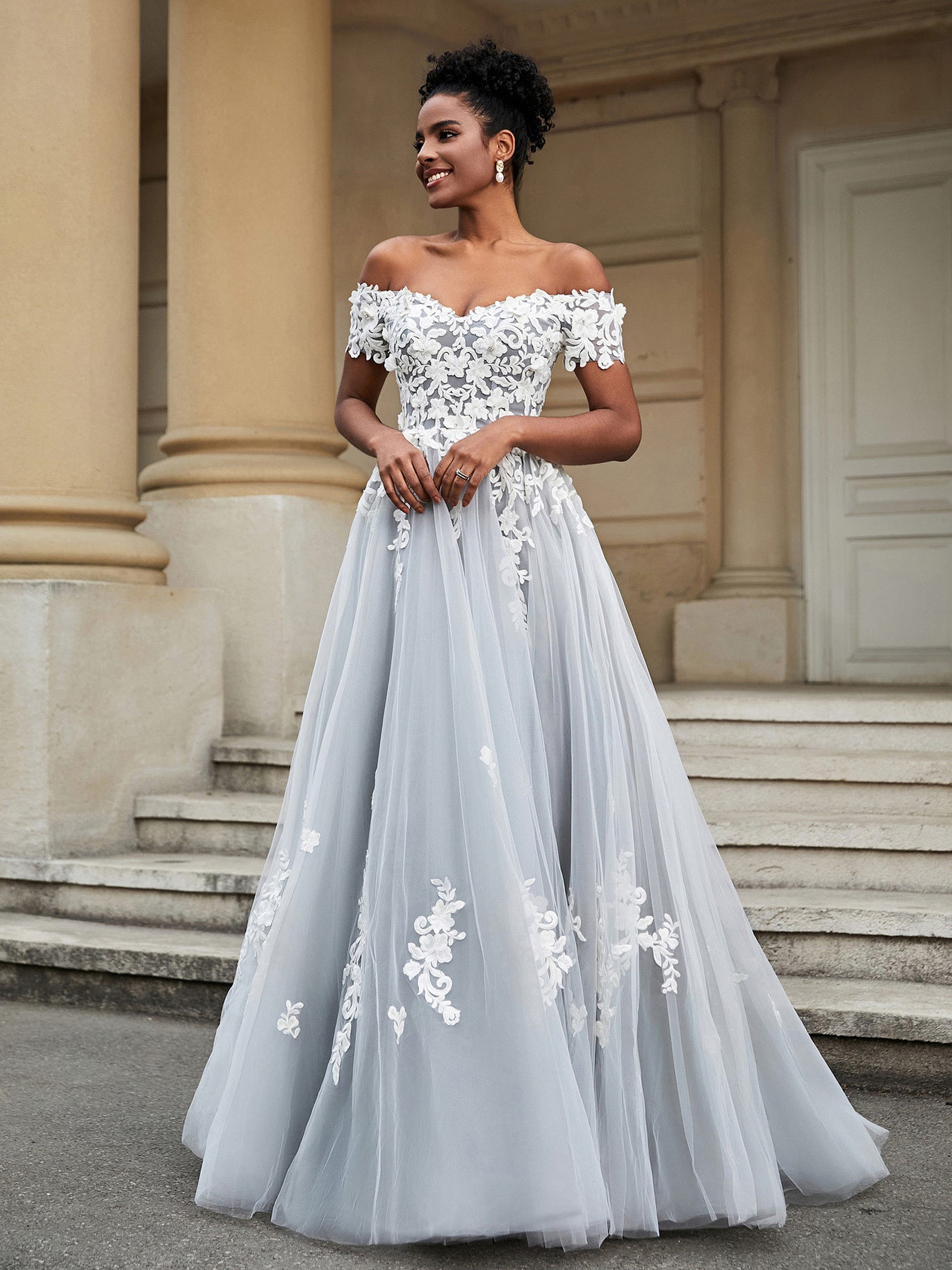 BABARONI Tulle Lace Ivory/Grey Wedding Dresses A-line Off Shoulder