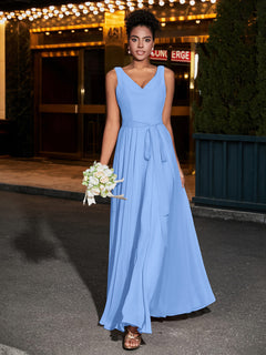 Simple Chiffon Dresses with V Neckline Blue