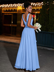 Simple Chiffon Dresses with V Neckline Blue