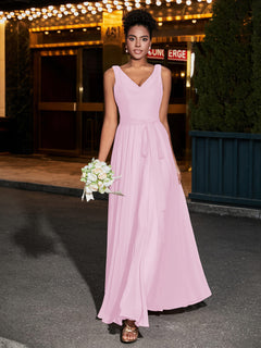 Simple Chiffon Dresses with V Neckline Blushing Pink