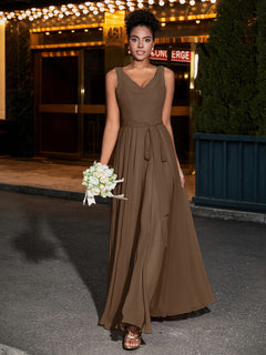 Simple Chiffon Dresses with V Neckline Brown