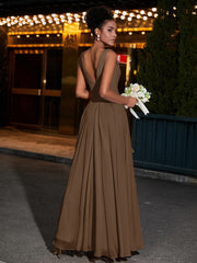 Simple Chiffon Dresses with V Neckline Brown