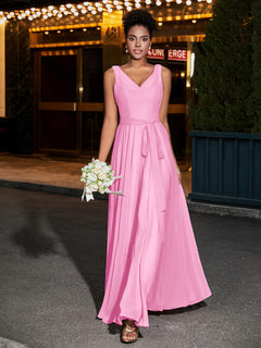 Simple Chiffon Dresses with V Neckline Candy Pink Plus Size