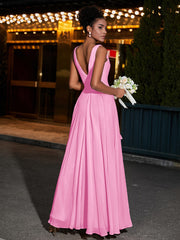 Simple Chiffon Dresses with V Neckline Candy Pink