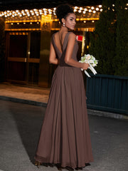 Simple Chiffon Dresses with V Neckline Chocolate